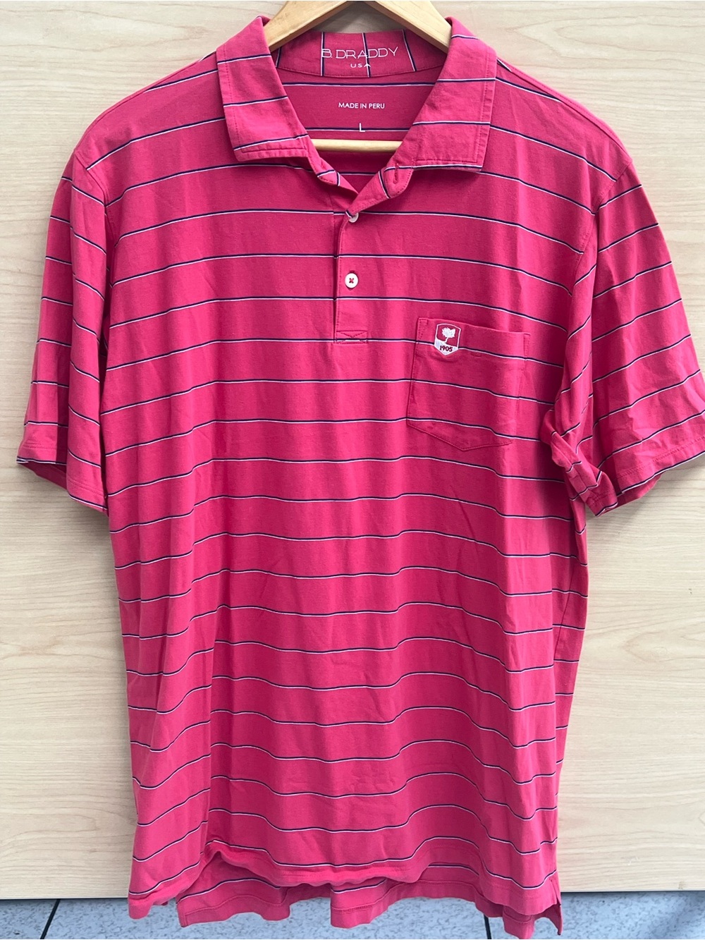 B. Draddy Classic Pink Striped Polo Shirt - Short Sleeve